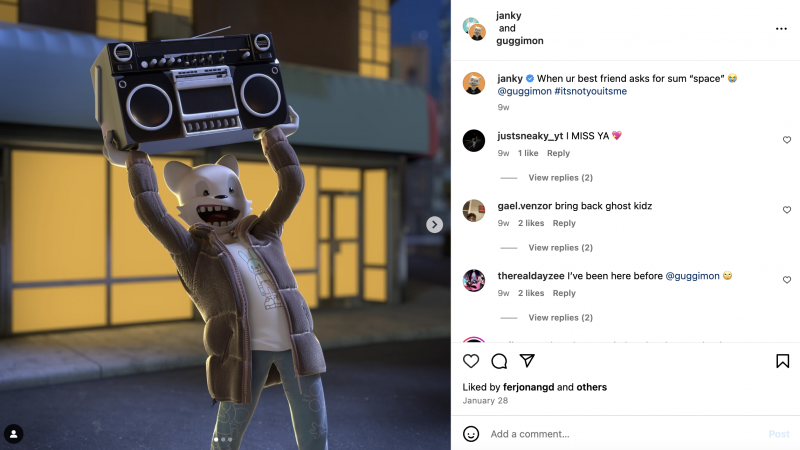   Janky's Instagram profile and one of his collaborations with the other virtual influencer Guggimon