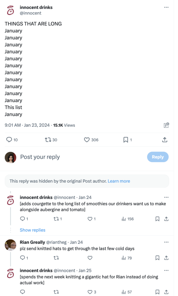   Una publicación de Innocent Drinks que utiliza su peculiar personalidad para atraer a su audiencia mediante el uso del humor y la vinculación con temas actuales no relacionados con sus productos.