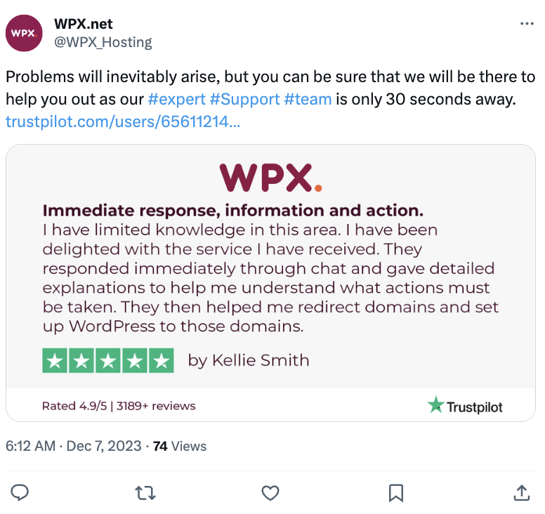   WPX.net's social post that shows social proof, which includes reviews and testimonials and helps build trust with their target audience. 