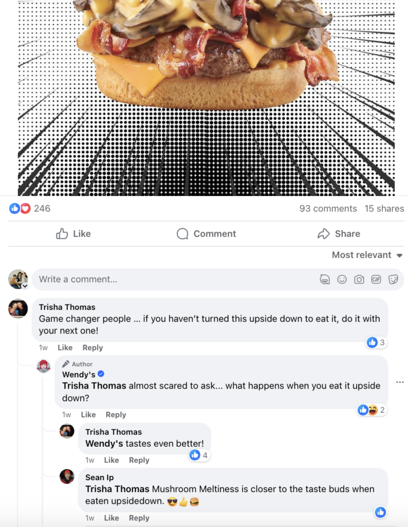   Una publicación de Facebook de Wendy's, con comentarios del equipo social respondiendo a los comentarios de la audiencia y participando en la conversación.
