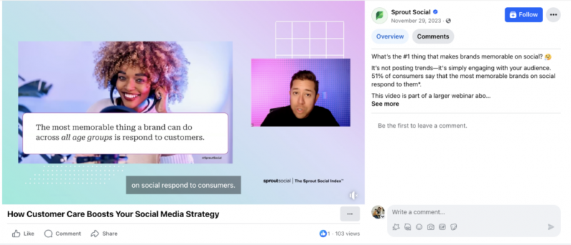   Una publicación sobre Sprout's webinar as an example of how to get your audience involved by asking them questions during the session, and opening it up for them to ask questions too.