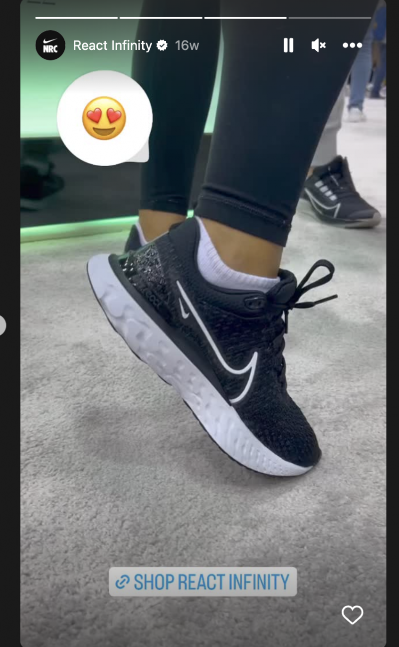 Un de Nike's Instagram Stories that features the React Infinity 3.