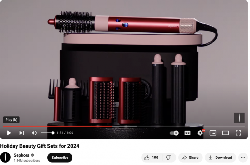   Séfora's 2024 Holiday Gift Sets video on YouTube where it highlights all the gifts users can purchase online or in shops as gifts.