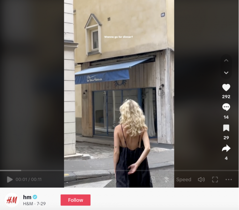   H&M's TikTok videos where the brand uses paid ads to promote new collections, so users can shop directly through the app.