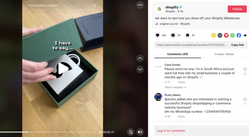   Un vídeo de TikTok que promociona las herramientas, funciones y testimonios de Shopify para llegar a emprendedores, atraer negocios y generar clientes potenciales.