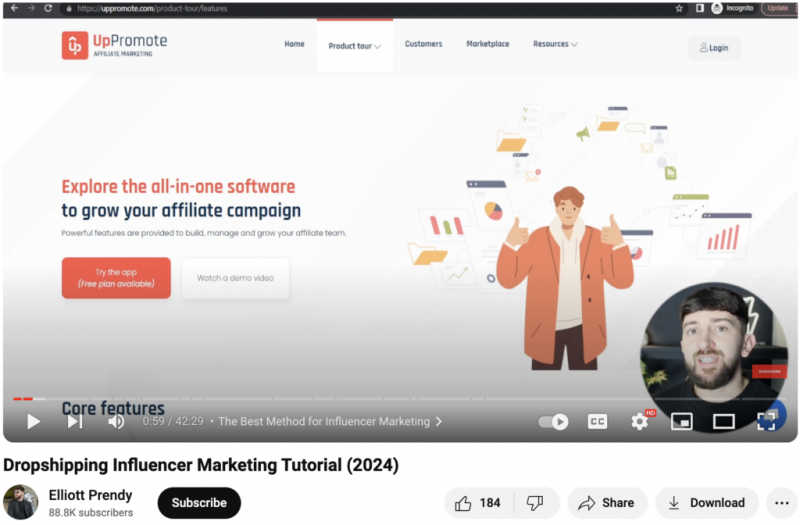   Tutorial de Shopify de un usuario que enseña a otros usuarios sobre nuevas funciones y comparte consejos para emprendedores sobre marketing de influencers y otros programas de afiliados de Shopify.