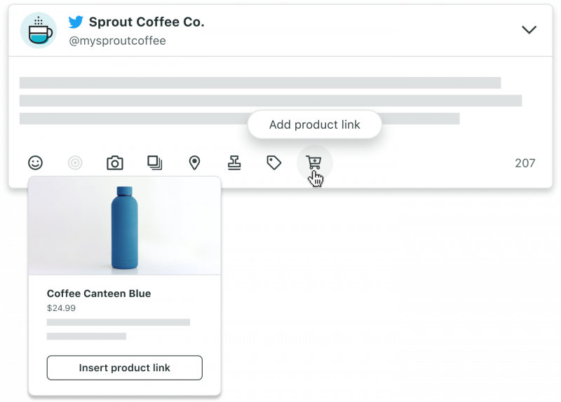   Brotar's Shopify interface showing how to create social post with a clickable product link for a blue coffee canteen priced at .99.