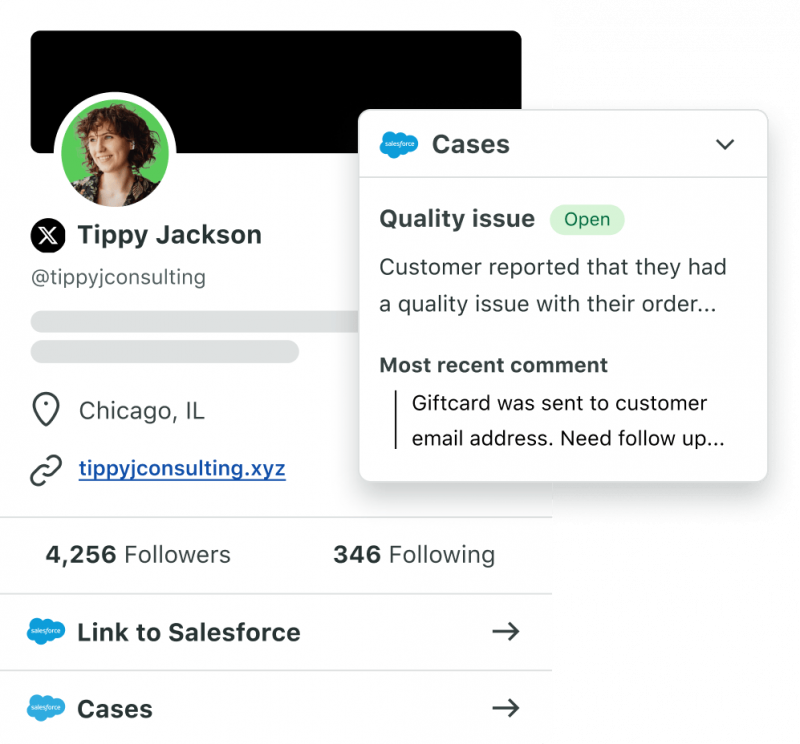   La imagen muestra el tablero de Sprout.' CRM integration with Salesforce for social customer service case. The case is open and is about a quality issue reported by Tippy Jackson. The most recent comment says that a gift card was sent to the customer's email address, and follow-up is needed.