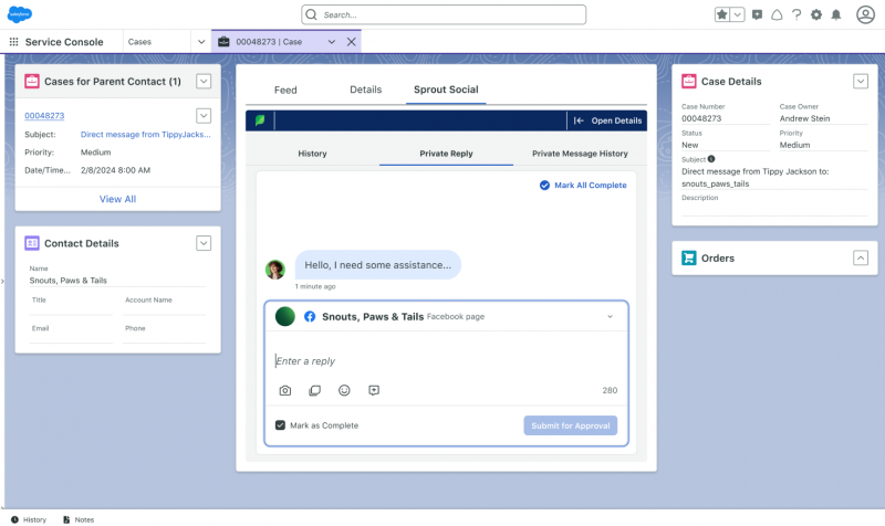   Brotar's Salesforce integration dashboard that gives you a comprehensive view of your customers including message history and case details.