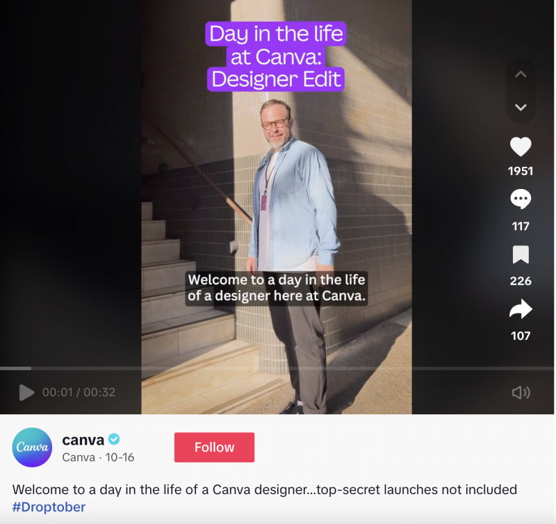   Canva デザイナーの一日を追った Canva TikTok ビデオ。キャプションはDroptoberのローンチイベントについてほのめかしています。