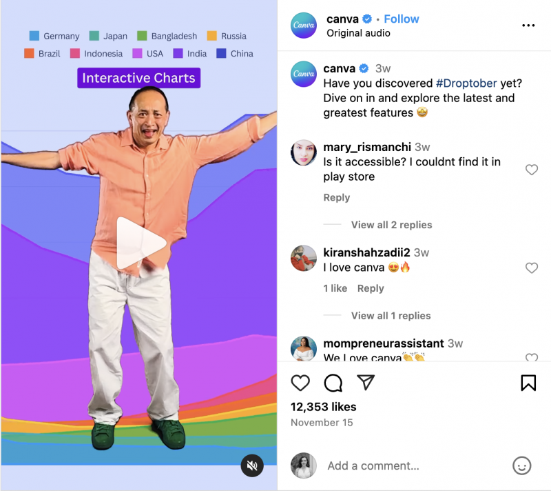   Canva の Instagram リールでは、チームメンバーが文字通りフォトショップで最新製品の発表を撮影しています。
