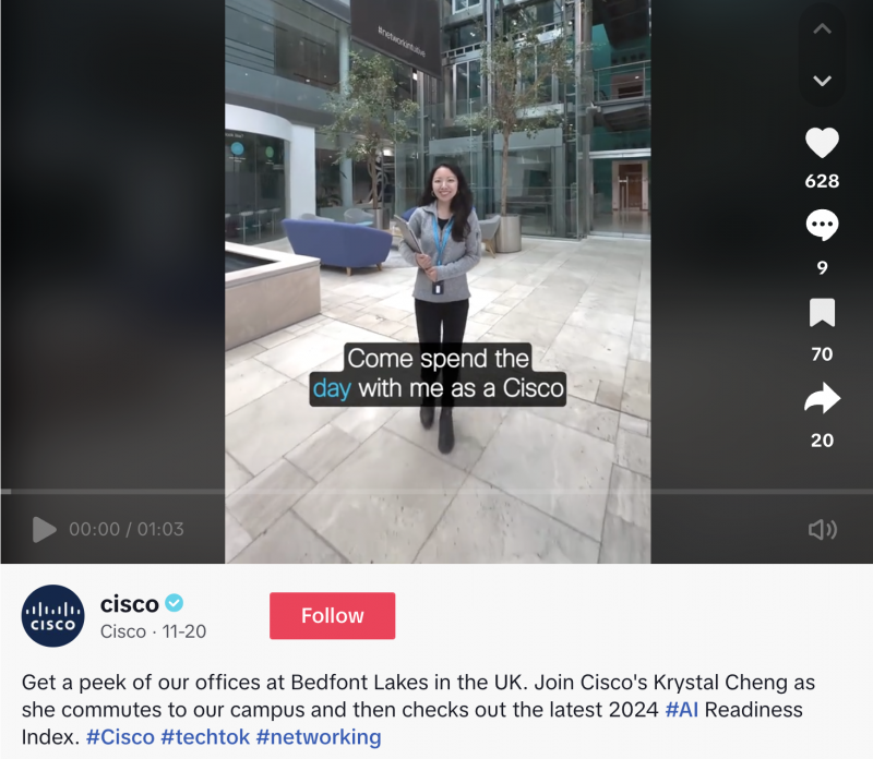   ロンドン オフィスの従業員の 1 日を追った Cisco TikTok ビデオ vlog