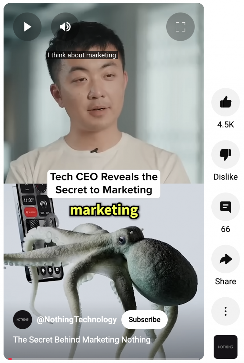   何もない状態からの分割画面 YouTube ショート。一方で、CEO がマーケティングの秘密を説明し、もう一方では、タコがスマートフォンに吸い付く様子が描かれています。