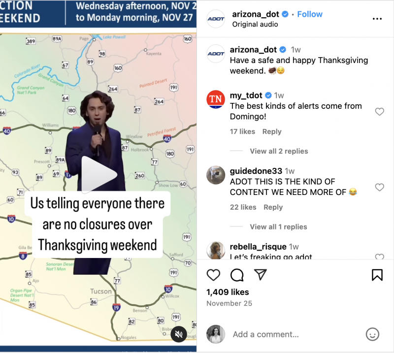   AZ DOT の Instagram リールでは、人気のドミンゴ トレンドを使用して、感謝祭の週末に休業しないことを発表しています。