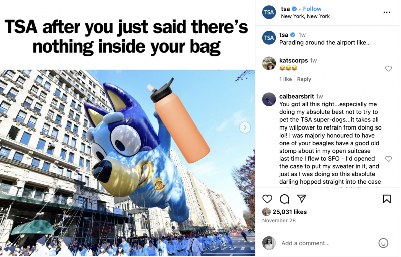   巨大なメイシーの TSA Instagram 投稿's Thanksgiving Day parade float holding a water bottle with the caption, "TSA after you said there's nothing in your bag."