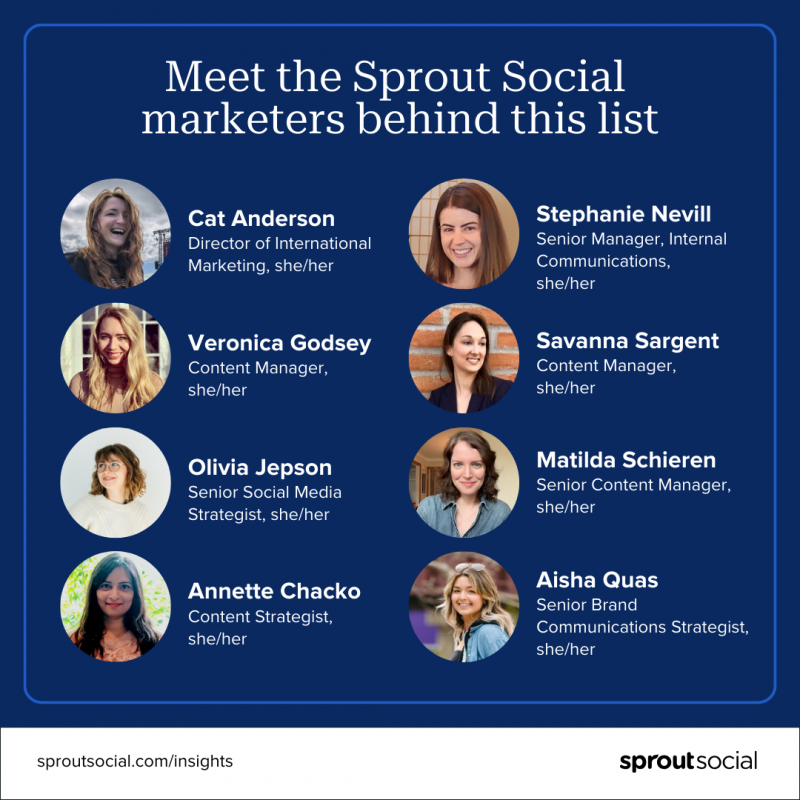   このリストにブランドを提供した Sprout Social マーケティング担当者の画像、名前、タイトルのコレクション。国際マーケティングディレクターからシニアソーシャルメディアストラテジスト、そしてコンテンツマネージャーまで。
