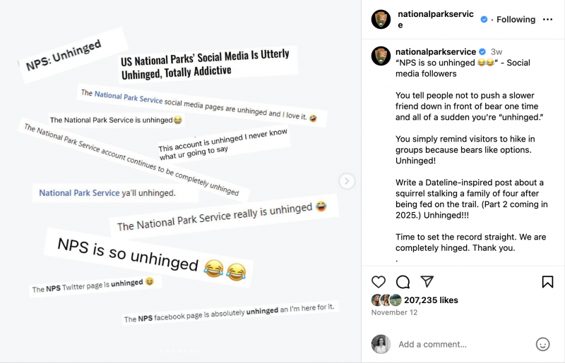   国立公園局がインスタグラムに投稿した、ユーザーのコメントをすべてまとめて「不安定だ」とするもの