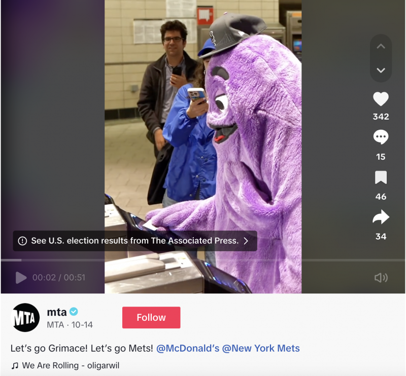   メッツの帽子をかぶって地下鉄に乗車するグリマスの MTA からの TikTok 動画