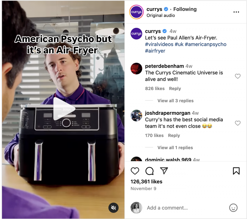   エアフライヤーを中心に展開するアメリカン サイコにインスピレーションを得たカレーズ Instagram リール