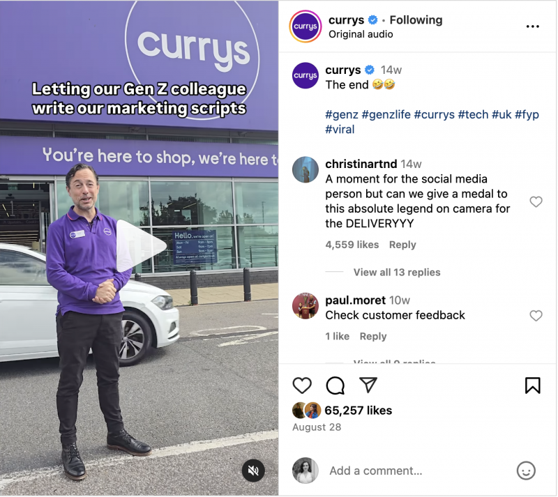   Z世代の同僚が書いた台本を使って従業員が店内を案内するCurrys Instagramリール