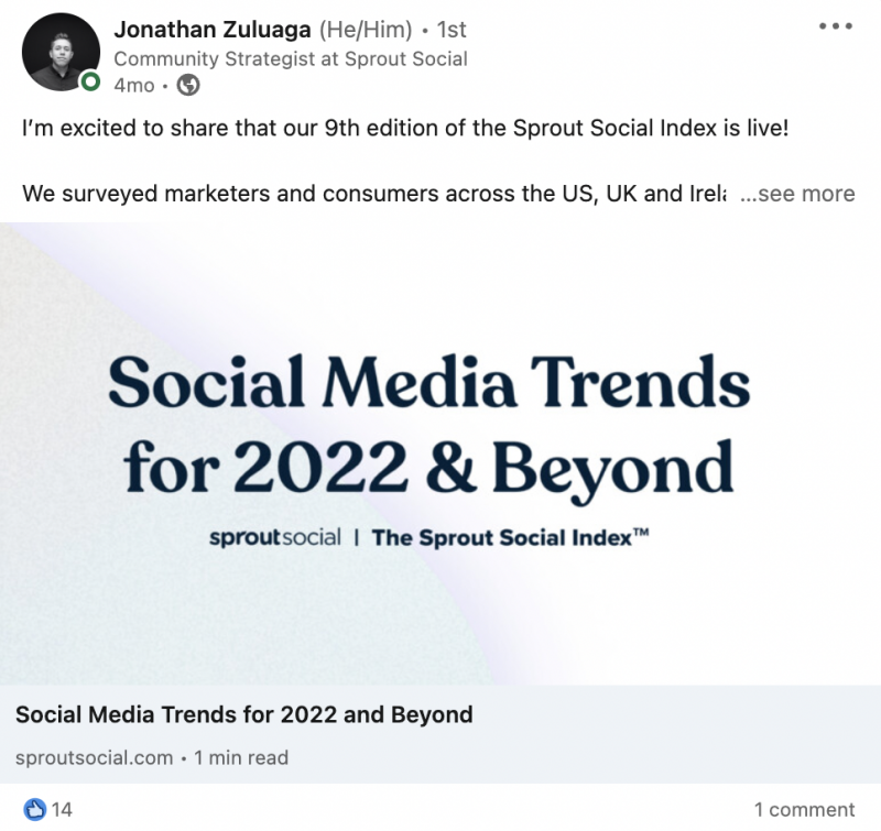   Sprout の従業員が Sprout を共有して作成した LinkedIn の投稿's yearly data report.