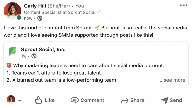   従業員で再共有された Sprout LinkedIn 投稿を示すスクリーンショット's LinkedIn post