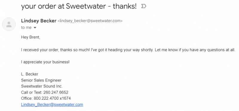   e-mail di follow-up di Sweetwater