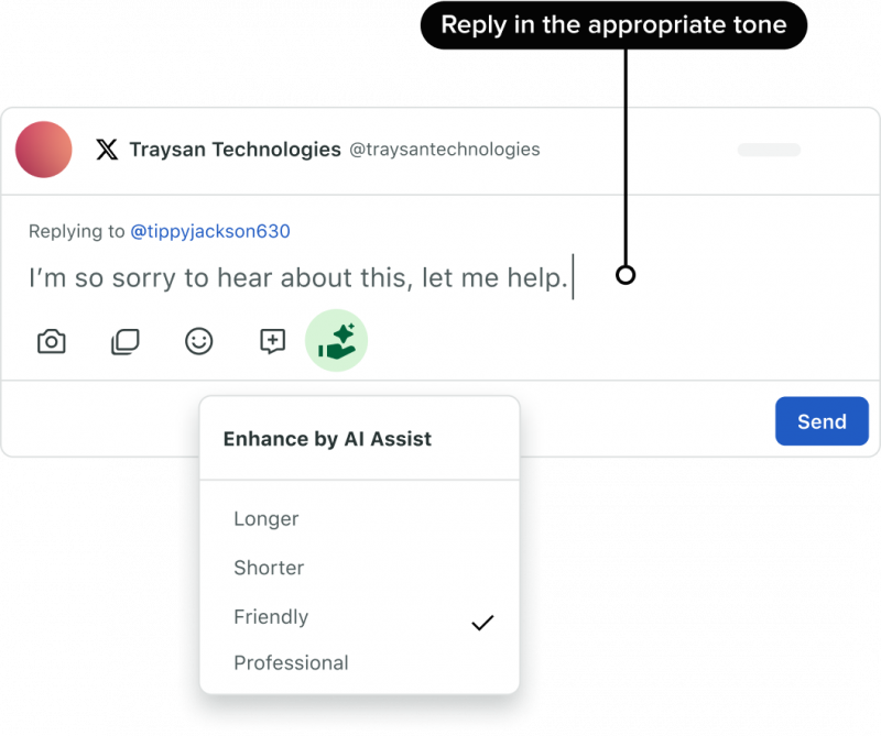   Un rappresentante del servizio clienti che utilizza Sprout Social's customer case management software with AI response suggestion capabilities to address a customer's inquiry.
