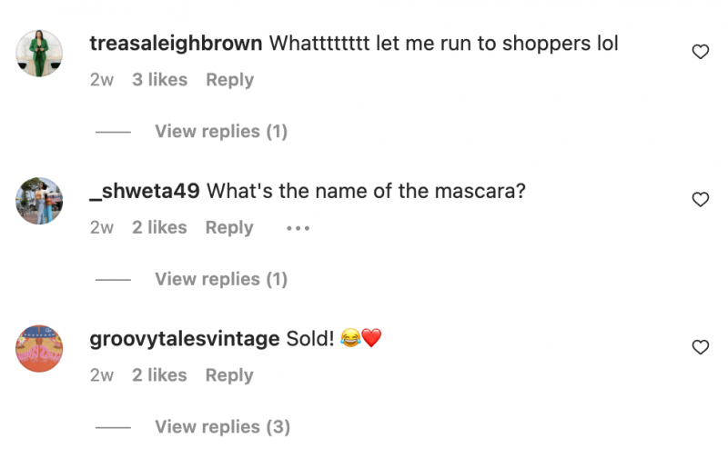   Comentarios en el carrete de la creadora Trulee que dicen '¡Vendido!', '¿Qué's the name of this mascara?" and "Whaaat let me run to shoppers now lol."