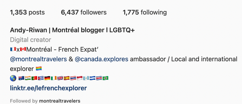 Una captura de pantalla de Andy-Riwan's Instagram bio where he mentions he is a @montrealtravelers ambassador.