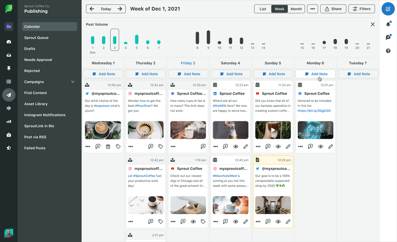 Uno screenshot dello strumento di pubblicazione di Sprout che mostra un calendario settimanale di post programmati per un utente