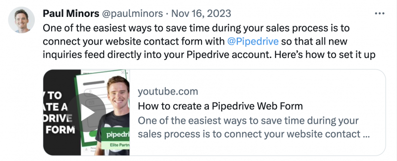   Une republication de Pipedrive faisant la promotion du contenu de l'un de ses influenceurs.