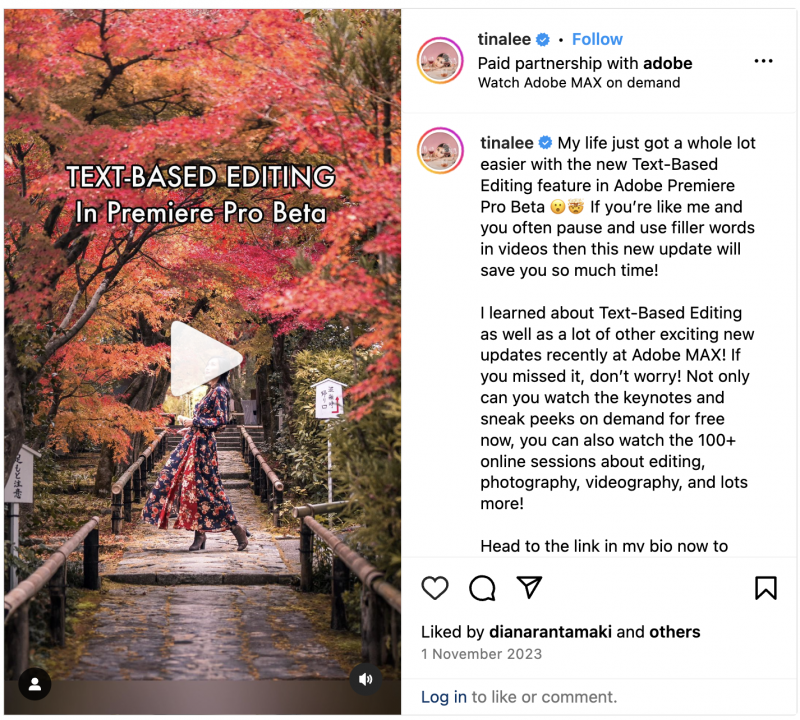   Une bobine Instagram de Tina Lee avec Adobe.