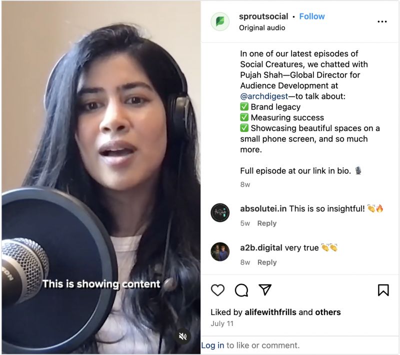   Une publication Instagram de Sprout Social partageant un extrait du podcast Social Creatures.