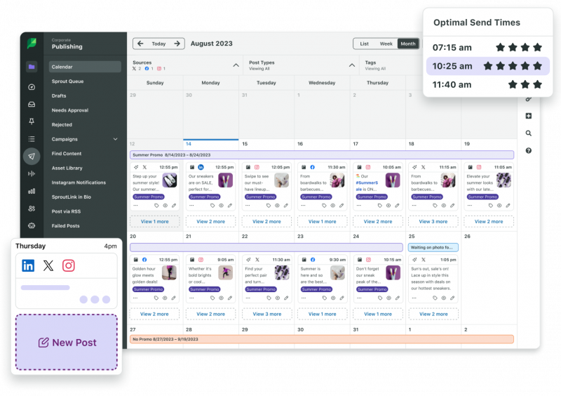   Sprout Social's Publishing Calendar with suggestions of Optimal Send Times for scheduling posts. 