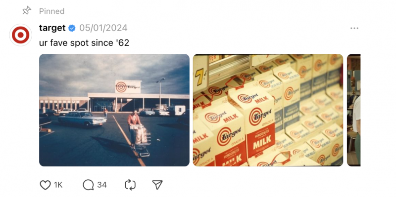   Un article Threads épinglé de Target présentant deux photographies vintage de 1962 : l'une montrant l'extérieur d'un magasin Target classique avec des voitures et un acheteur et une autre affichant des rangées de cartons de lait.
