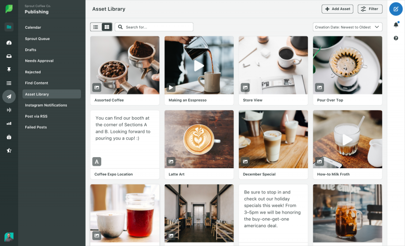   Interface de la bibliothèque d'actifs de Sprout avec diverses images et publications liées au café. Il comprend des photos de grains de café, d’espresso, de latte art et d’intérieurs de cafés.