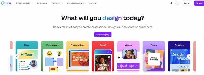   Toile's website homepage showcasing several categories for templates and call to action button to start designing. 