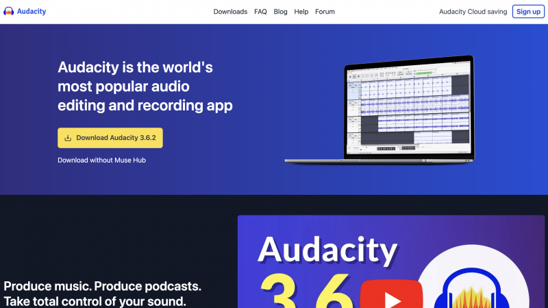   Audace's website homepage and a download button for the free editing and recording app. 
