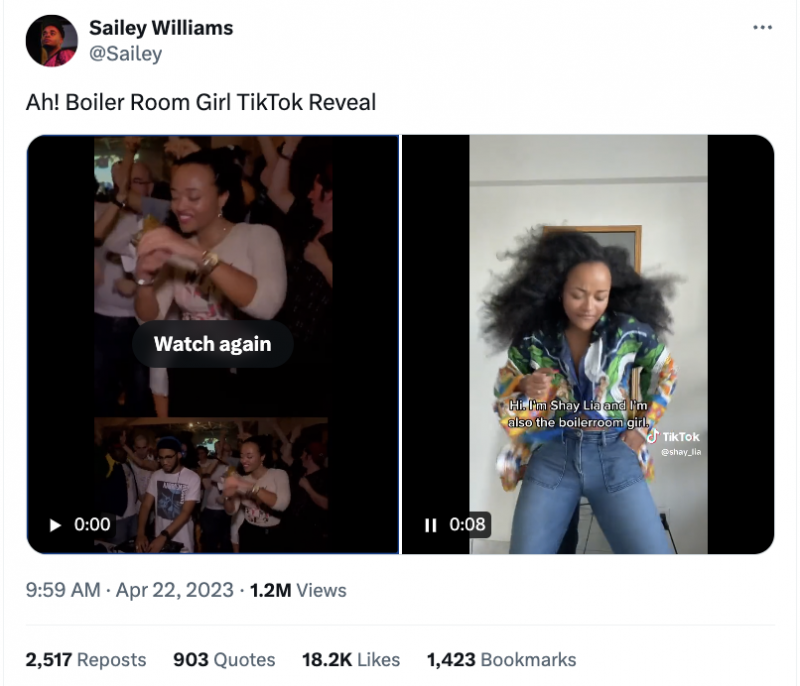   Una entrada que parla de la revelació de"Boiler Room Girl." The post features clips of Shay Lia dancing at the Boiler Room circa 2013 and modern day.