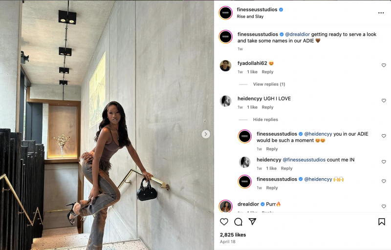   Una publicació de la model i influencer Jade Buzangu a Finesse's Instagram page. Finesse interacts with users in the comment section. 