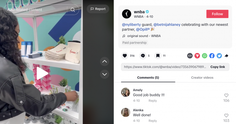   Un vídeo de TikTok que mostra a Betnijah Laney, base del New York Liberty, en un esdeveniment de marca amb Opill®.