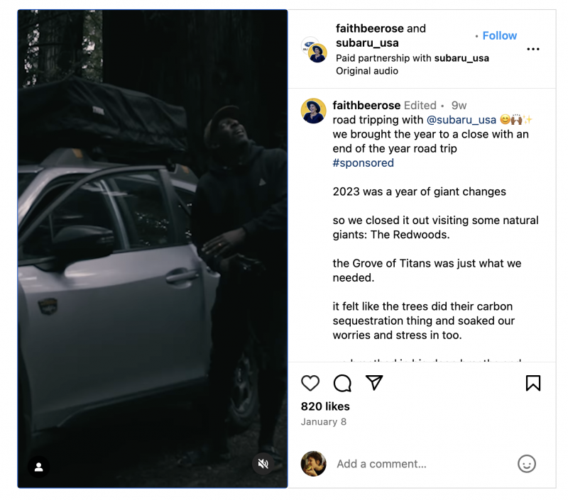   Une capture d'écran d'une bobine Instagram publiée par la créatrice Faith Briggs Rose, en partenariat avec Subaru.