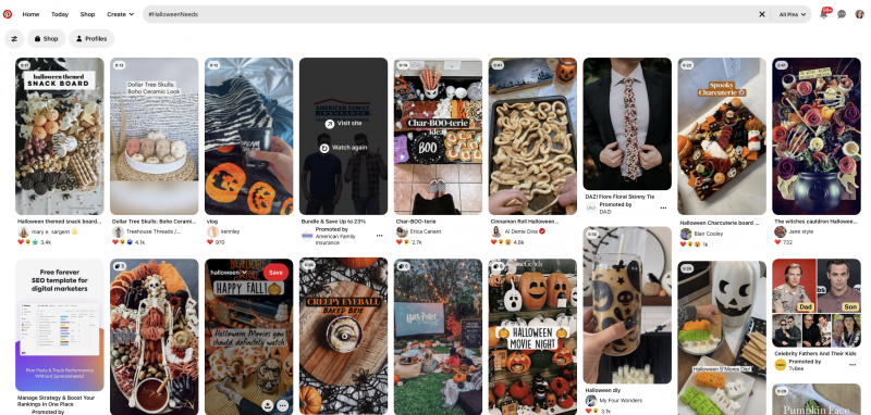   Posnetek zaslona Pinterest iskanja za #HalloweenNeeds, ki vključuje slike desk za prigrizke za noč čarovnic, ideje za kostume za noč čarovnic, ideje za filme za noč čarovnic in drugo.