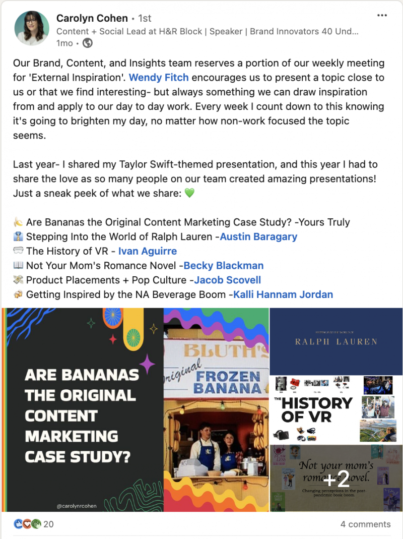   Publication LinkedIn de Carolyn Cohen de H&R Block, décrivant son équipe's weekly external inspiration exercise.