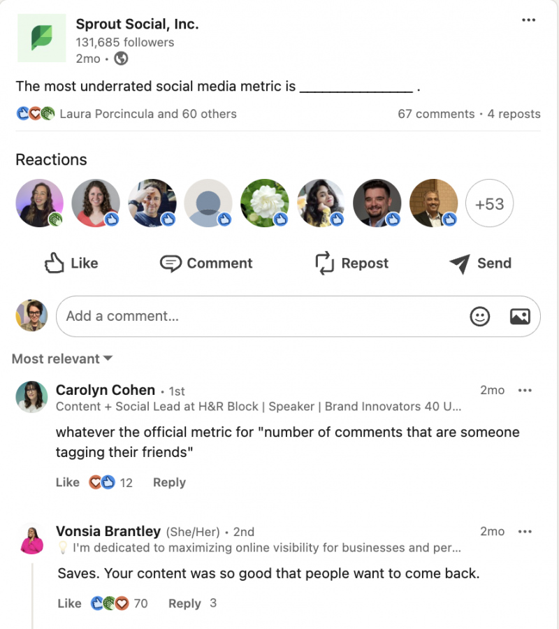   Publication de Sprout Social sur LinkedIn demandant au public de compléter cette phrase :"The most underrated social media metric is ____."