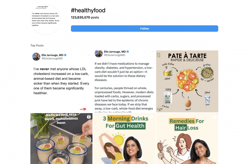   Una búsqueda en Instagram del hashtag #HealthyFood. Se muestran varios posts sobre salud, bienestar y alimentación.