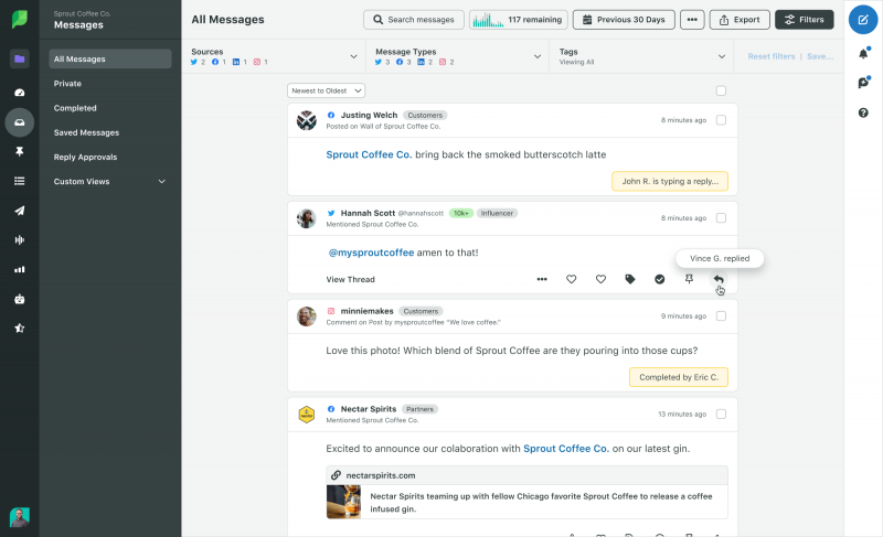   Una captura de pantalla de Sprout Social's Smart Inbox feature. 