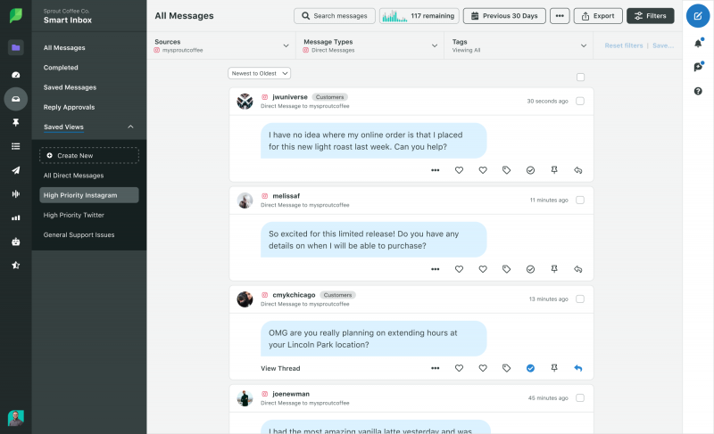   Una captura de pantalla de Sprout's Smart Inbox tool, filtered to show Instagram DMs. 