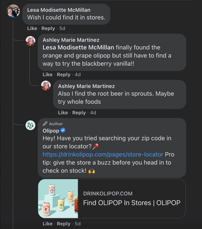   Captura de pantalla del hilo en Olipop's Facebook page, directing a customer to their store locator tool.